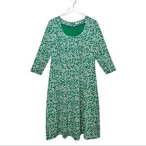 Boden 50s Inspired Green White Print 3/4 Sleeve Fit & Flare Dress Sz 14L